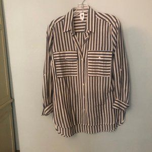 Navy and white striped long sleeve button-up shirt